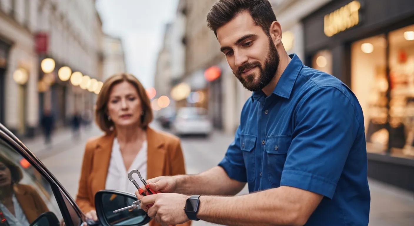 Mobile locksmith providing emergency lockout services to a customer