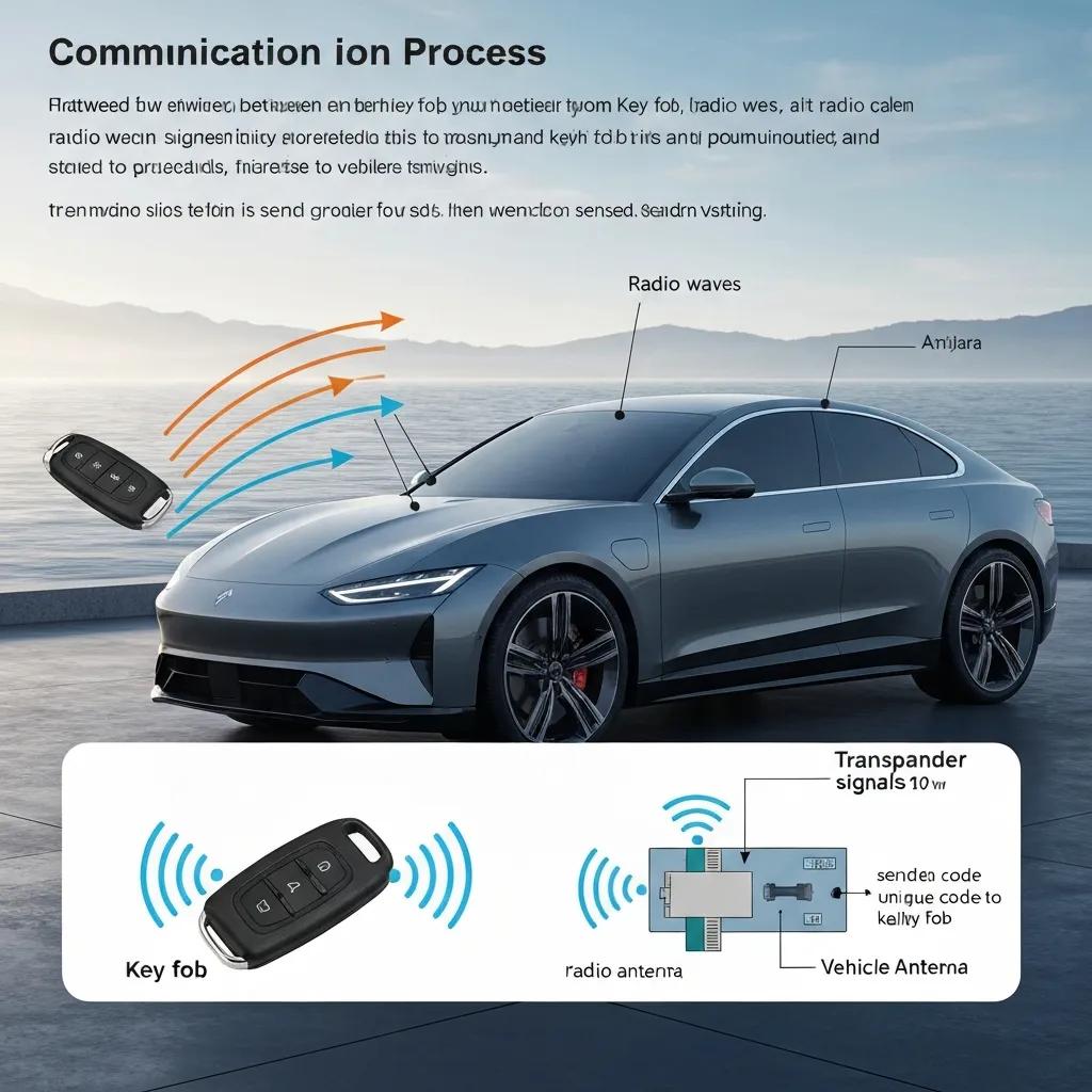 Illustration of key fob communication with a vehicle, showing signals and technology